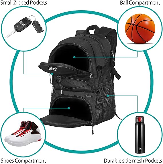 WOLT Basketball Backpack Large Sports Bag with Separate Ball Holder & Shoes Compartment, Best for Basketball, Soccer,Gym