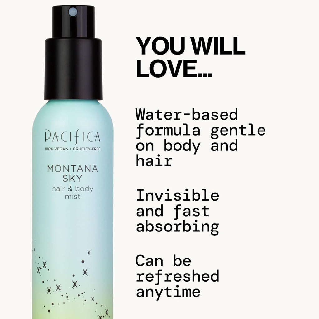 Pacifica Hair Mist Perfume & Full Body Spray for Women - Montana Sky Body Mist Fragrance w/Cedarwood, Elderflower, Black Pepper, Sage & Sandalwood Clean Beauty Alcohol-Free, Vegan & Cruelty-Free 5 oz - Cart Shape