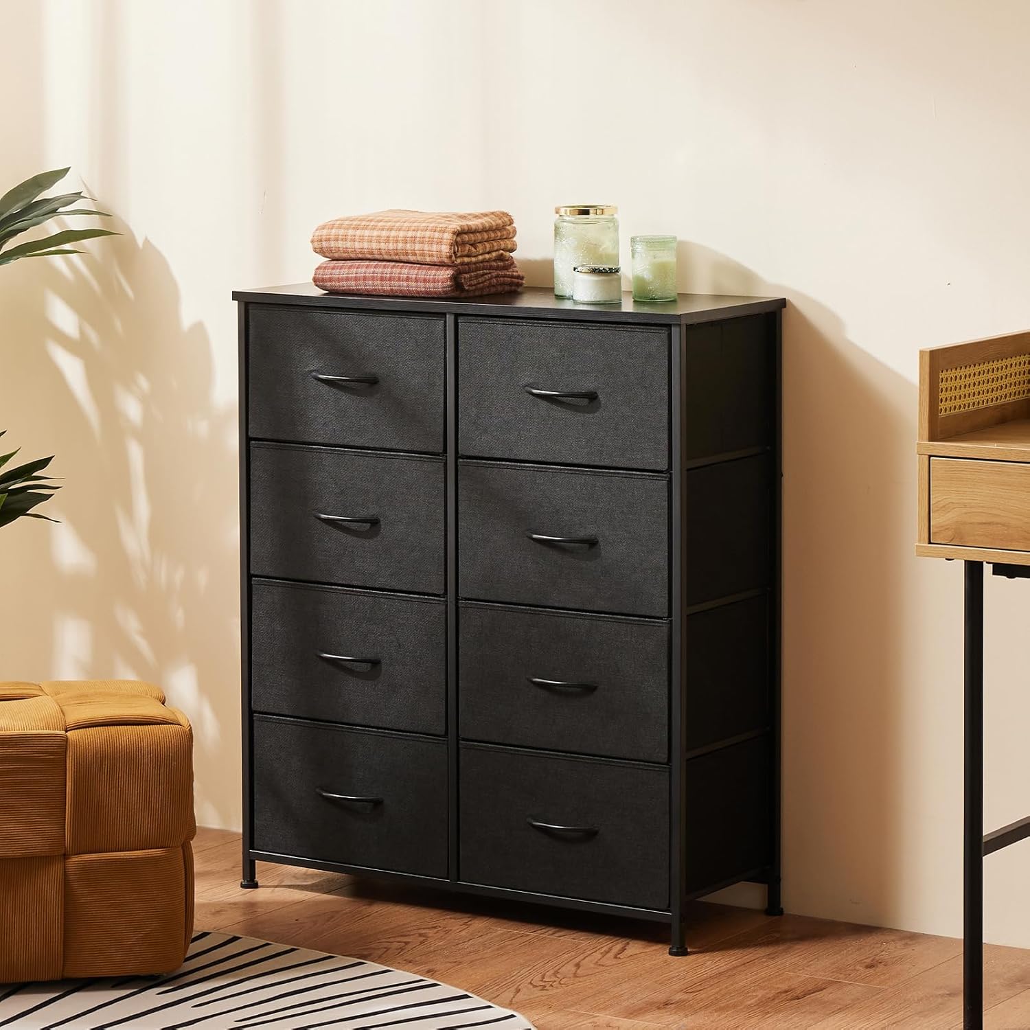 Sweetcrispy Dresser, Dresser for Bedroom Drawer Organizer Storage Drawers, Fabric Storage Tower with 8 Drawers, Chest of Drawers with Steel Frame, Wood Top for Nursery, Living Room, Closet