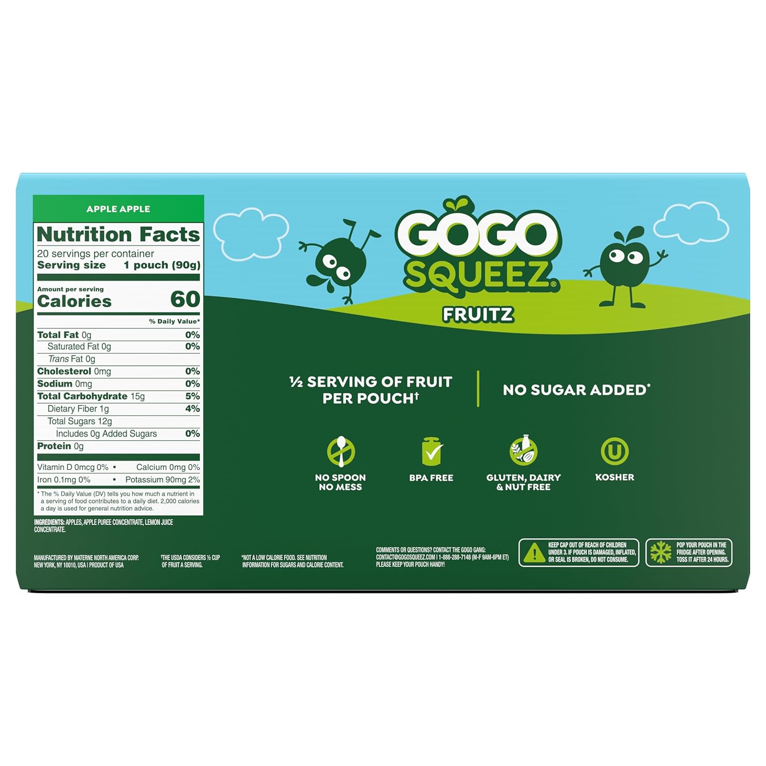 GoGo squeeZ Fruit on the Go, Apple Apple, 3.2 oz (Pack of 20), Unsweetened Fruit Snacks for Kids, Gluten Free, Nut Free, and Recloseable Cap, BPA Free Pouches (Packaging May Vary)