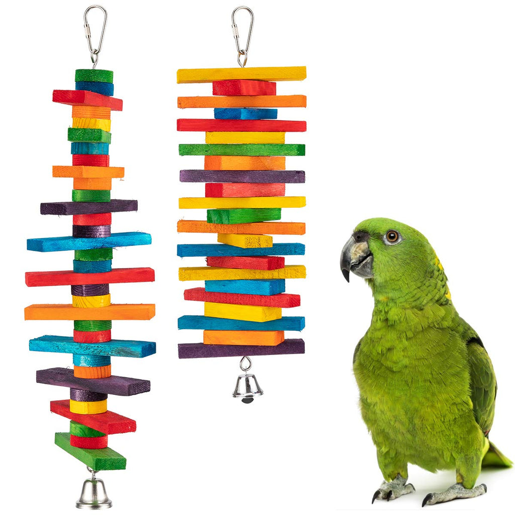 MEWTOGO 2Pcs Bird Toys - Parrot Toys with Multicolored Natural Wooden Blocks, Bird Chewing Sticks Toys for Conures Parakeets Cockatiels Lovebirds African Grey Macaws  Parrots Gift