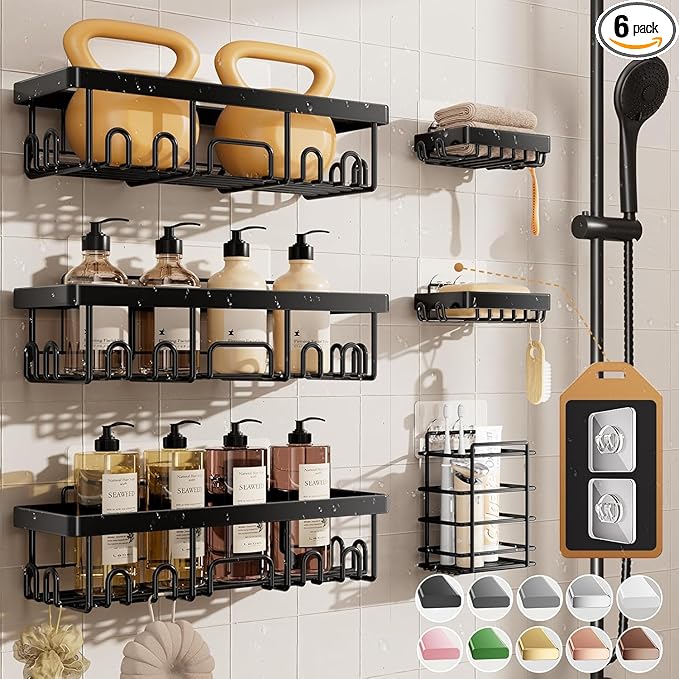 Veken Shower Caddy 6-Pack, Bathroom Organizers and Storage Shelves, Black | Advanced Rustproof Design, Large Capacity, No Drilling, Adhesive Rack with Soap Holder, Wall-Mounted Kitchen & Home Decor