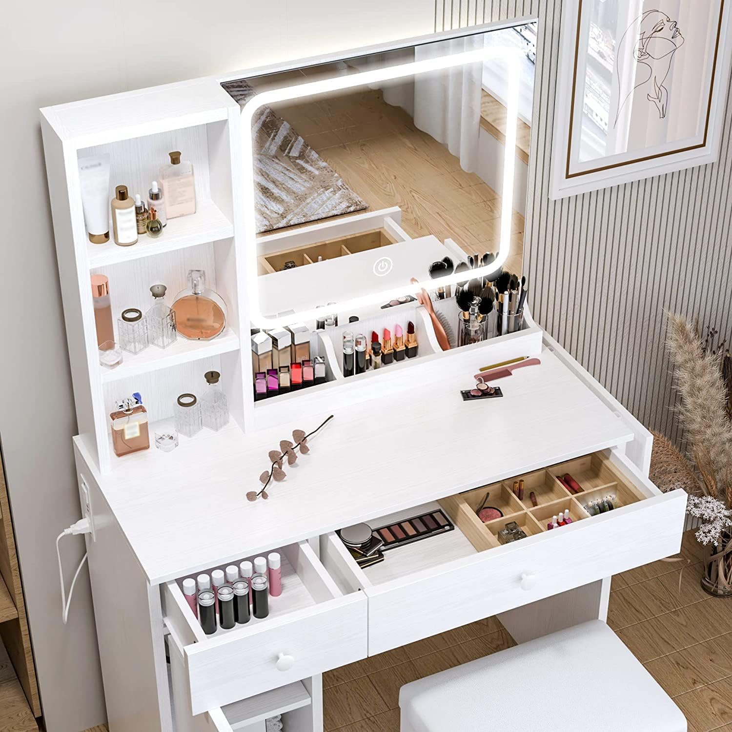 IRONCK Vanity Desk with LED Lighted Mirror & Power Outlet, Makeup Table with Drawers & Cabinet,Storage Stool, White
