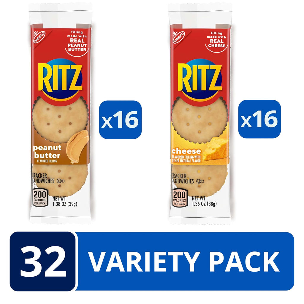 RITZ Peanut Butter and Cheese Sandwich Crackers Variety Pack, Lunch Snacks, 32 Snack Packs (6 Crackers Per Pack)