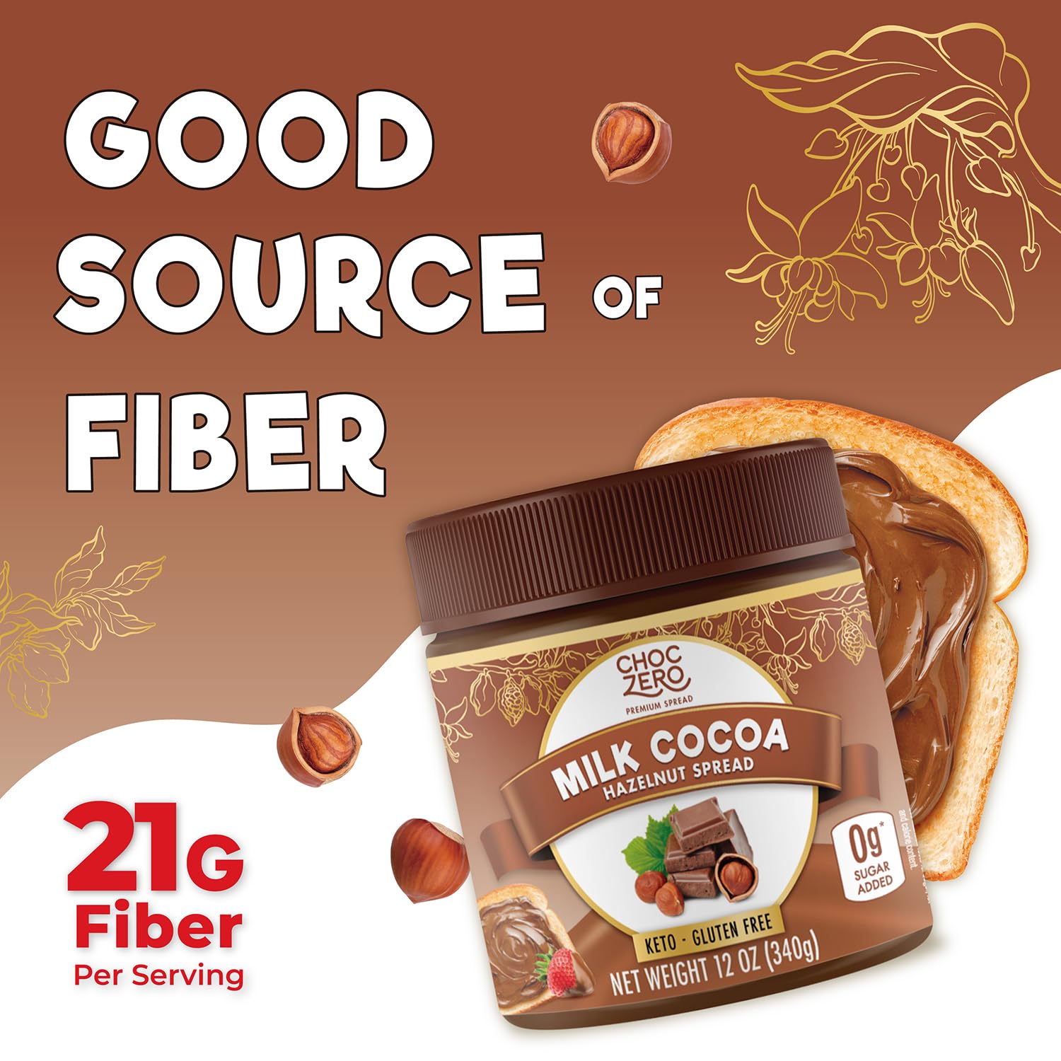 ChocZero Milk Chocolate Hazelnut Spread - No Added Sugar, Keto Friendly Low-Carb Chocolate Hazelnut Dessert & Bread Topping, Gluten Free, High Fiber, 12 oz Jar