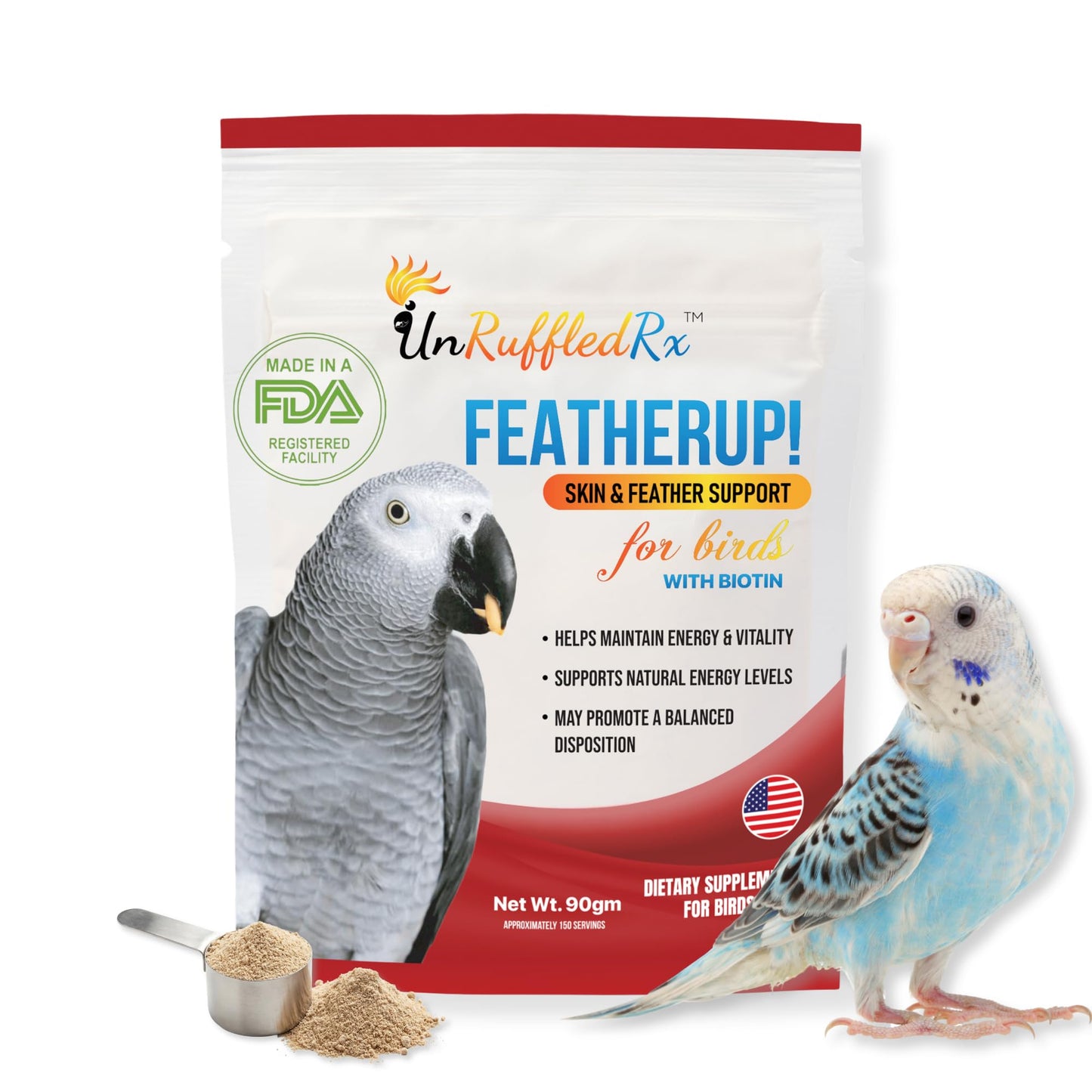 UnRuffledRx FeatherUp! Bird Molting Support & Feather Growth Supplement - for Plucking, Regrowth & Molt - Multivitamin & Amino Acids for All Birds - 90g (240 Servings)