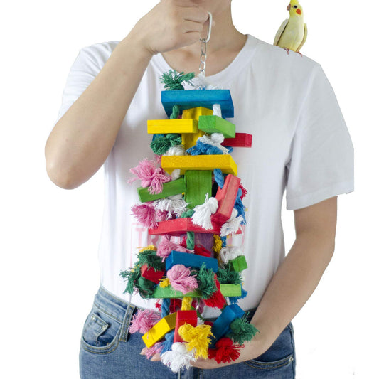 Deloky Bird Block Knots Tearing Toy- 19.7 inch Multicolored Natural Wooden Parrot Chewing Toy Suggested for Macaws cokatoos, African Grey and a Variety of  Parrots. (Large Size)