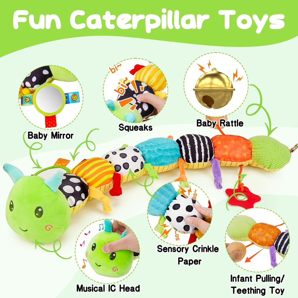 Baby Sensory Toy 0-6 Month Music Animal Stuffed Plush Caterpillar Toy for Infant 0-3-6-12 Month Old Tummy Time with Baby Mirror Crinkle Rattle Carseat Toys for Newborn Boys Girl Shower Gifts