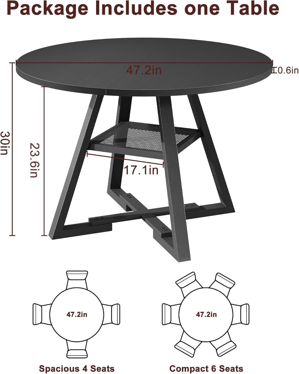 Round Dining Table for 4,Kitchen Dining Room Circle Dinner Pedestal Table,Space Saving Wood Kitchen & Dining Room Furniture (Black, 47In)
