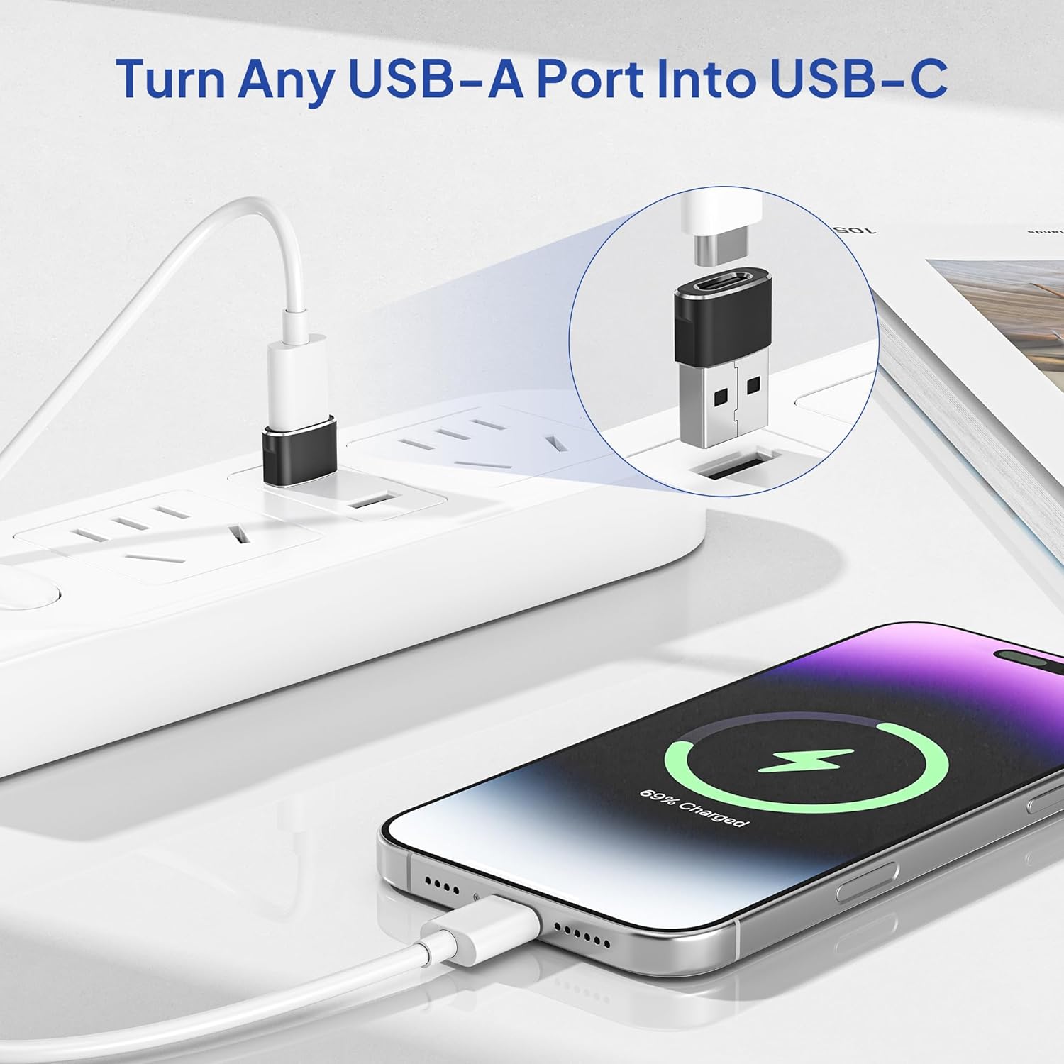 Elebase USB to USB C Adapter for iPhone 17 4Pack,USBC Female to A Male Car Charger Adapter,Type C Converter Apple 16 Pro Max 15 14 Plus,iWatch Watch 11 10 Se Ultra 3,iPad Air,Samsung Galaxy S25,Black