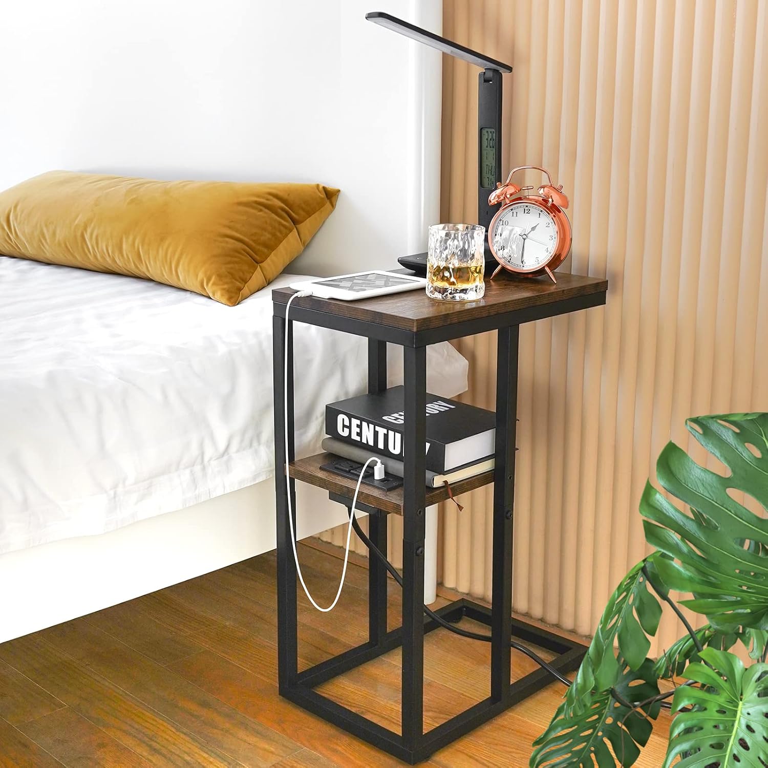 Yoobure C Shaped End Table with Charging Station, Small Side Table for Sofa，26" Tall Tv Tray Couch Table with Storage,Bedside Table with USB Ports and Outlets for Living Room, Bedroom, Rustic Brown