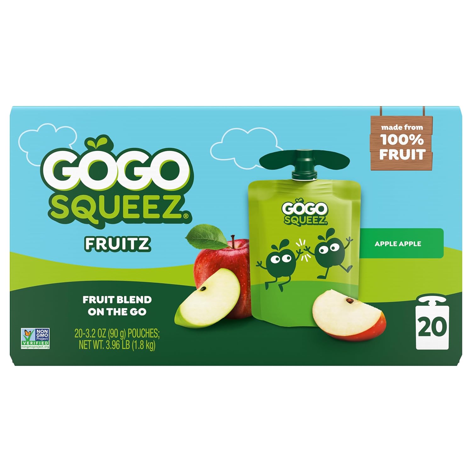 GoGo squeeZ Fruit on the Go, Apple Apple, 3.2 oz (Pack of 20), Unsweetened Fruit Snacks for Kids, Gluten Free, Nut Free, and Recloseable Cap, BPA Free Pouches (Packaging May Vary)