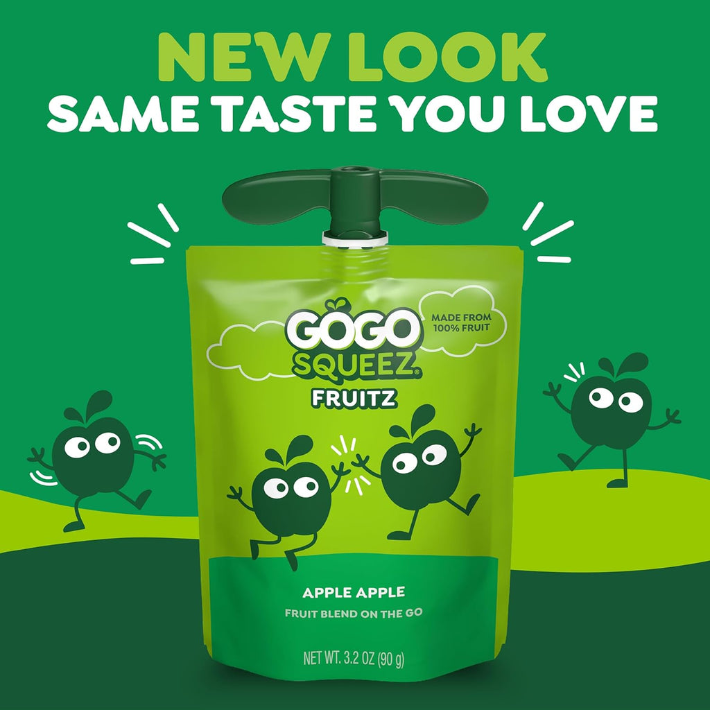 GoGo squeeZ Fruit on the Go, Apple Apple, 3.2 oz (Pack of 20), Unsweetened Fruit Snacks for Kids, Gluten Free, Nut Free, and Recloseable Cap, BPA Free Pouches (Packaging May Vary)