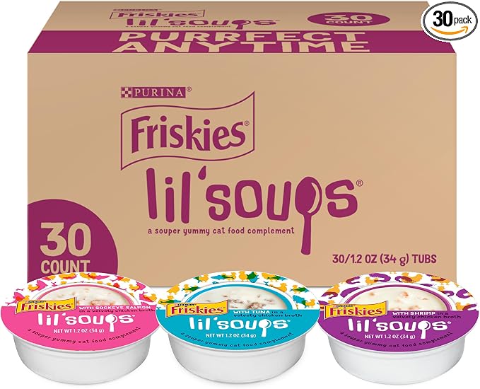Friskies Purina Grain Free Wet Cat Food Lickable Cat Treats Variety Pack, Lil' Soups With Salmon, Tuna or Shrimp - (Pack of 30) 1.2 oz. Cups