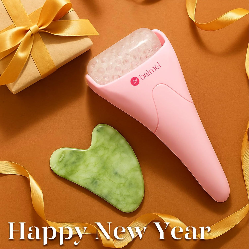 BAIMEI IcyMe Ice Roller for Face and Gua Sha Facial Tool Set, Ice Face Roller Reduces Puffiness Relieves Migraines Skin Care Tools, Self Care Gift for Women - Pink