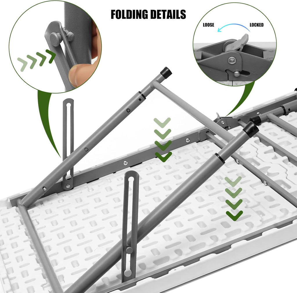 Folding Table 4 Foot Portable Heavy Duty Plastic Fold-in-Half Utility Table Small Indoor Outdoor Adjustable Height Folding with Carrying Handle, Camping and Party,White