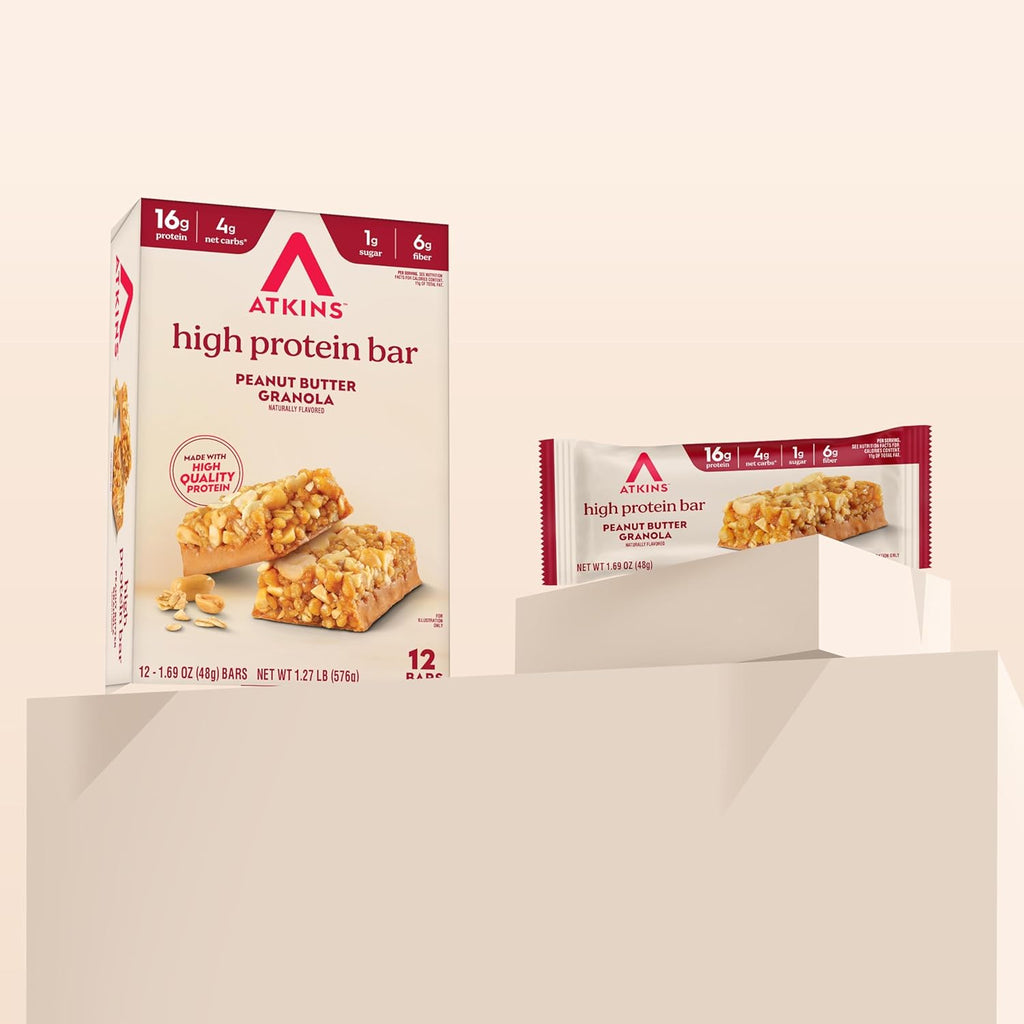 Atkins Peanut Butter Granola High Protein Bar, High Fiber Snack , 16g Protein, 1g Sugar, 4g Net Carb, Protein Snack, 12 Count