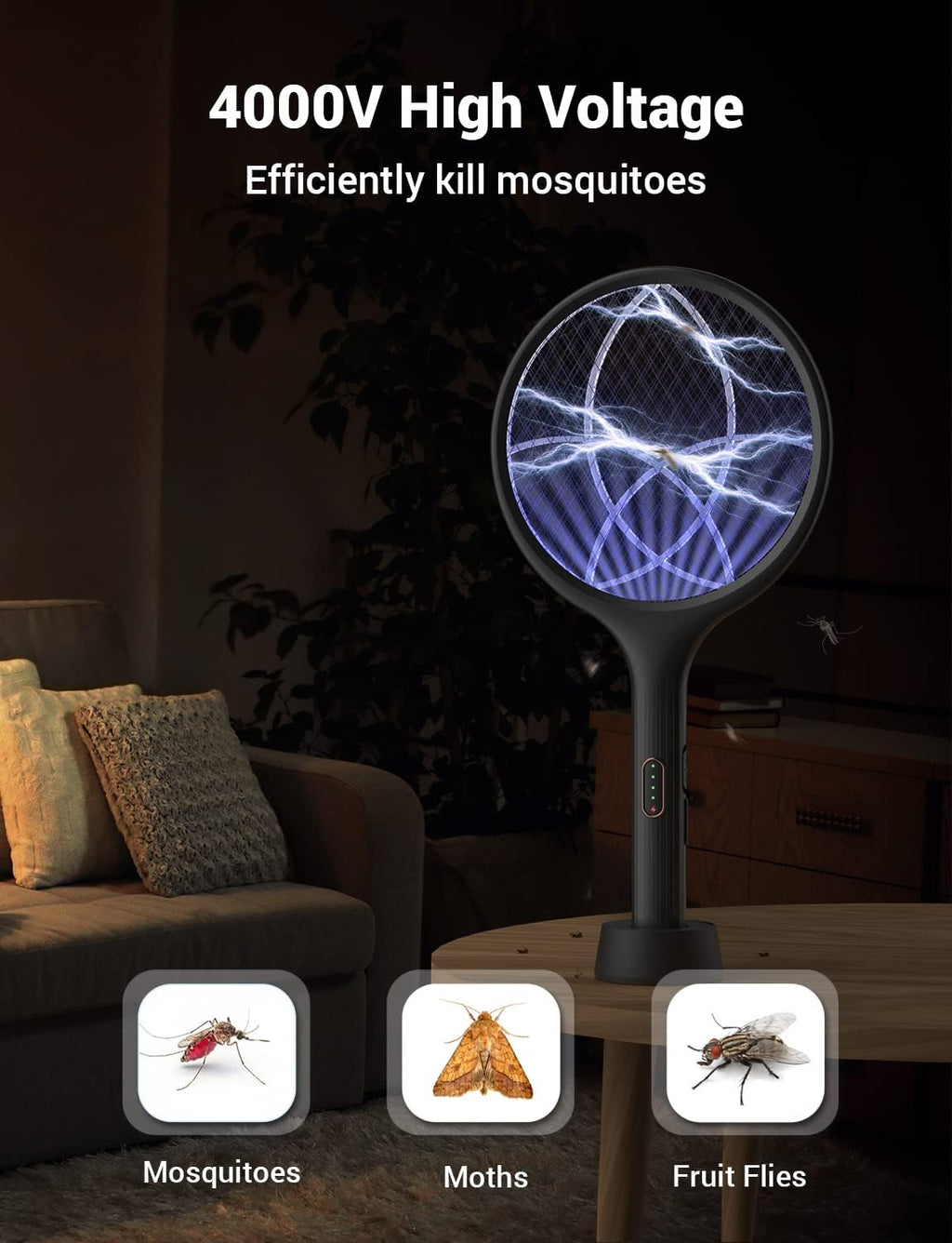 YISSVIC Electric Fly Swatter Bug Zapper Racket Dual Modes Mosquito Killer with Purple Mosquito Light Rechargeable for Indoor Home Office Backyard Patio Camping (Black) (Black-1 Pack)