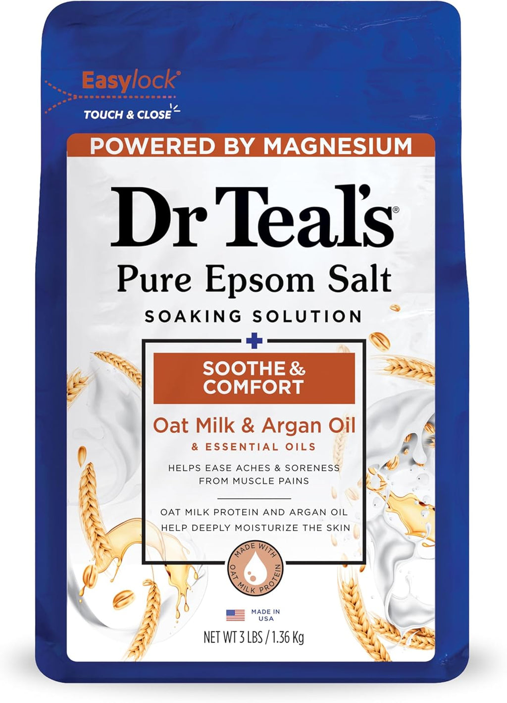 Dr Teal's Epsom Salt Magnesium Soak, Soothe & Comfort with Oat Milk & Argan Oil, 3 lbs