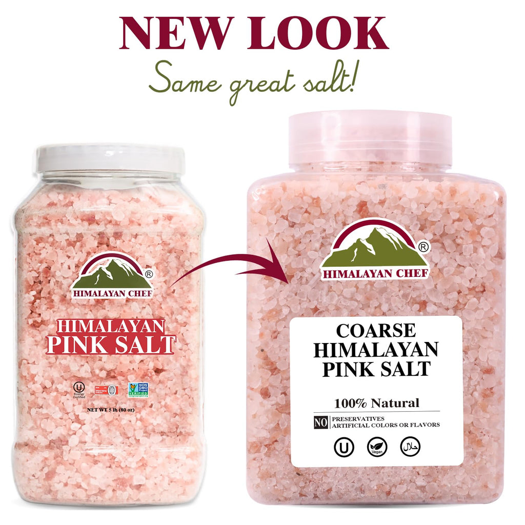 Himalayan Chef Pink Himalayan Salt Coarse Grain, 5 lbs Plastic Jar - Pure, Natural, Kosher, Mineral-Rich, Ideal for Grinder Refills, Cooking, Seasoning