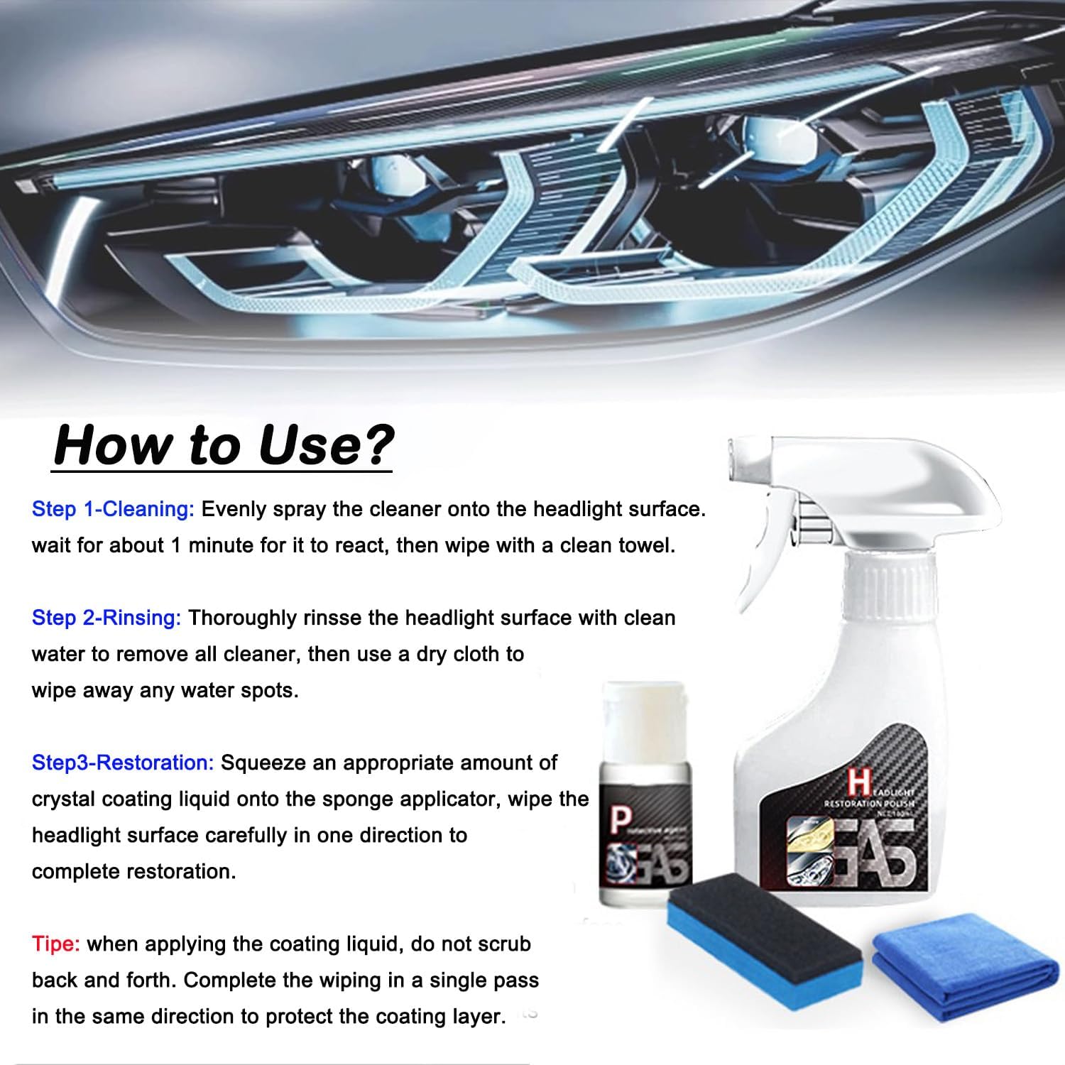 Car Headlight Restoration Polishing Kits Headlamp Repair Kits Car Light Polisher Cleaning Kits Ceramic Coating Spray Shiny Stuff Headlight Cleaner-6.3Fl.Oz