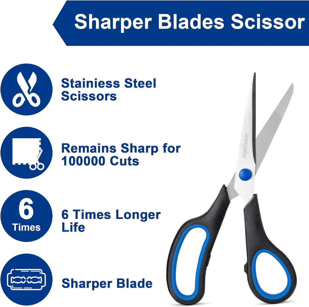 Scissors, BOOMIBOO 8" All Purpose 6 Pack - Comfort-Grip Scissors for Office Desk Accessories Sewing Fabric Home Craft School Supplies, Teacher/Class Supplies, Right/Left Handles