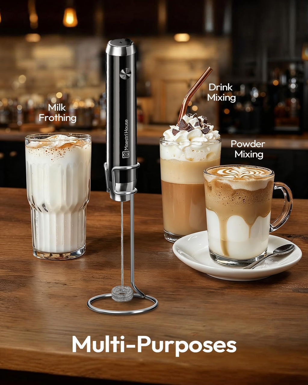 Maestri House Rechargeable Milk Frother with Stand, LunaFro Handheld Electric Foam Maker Waterproof Detachable Stainless Steel Whisk Drink Mixer Foamer for Lattes, Cappuccino