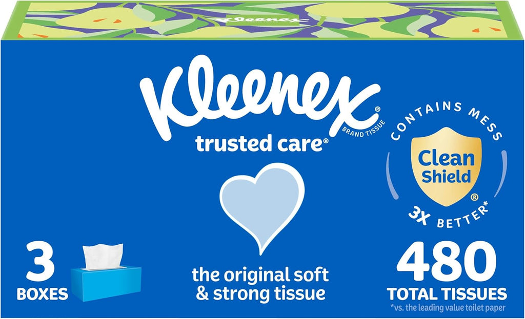 Kleenex Trusted Care Facial Tissues, 3 Flat Boxes, 160 Tissues per Box, 2-Ply (480 Total), Packaging May Vary