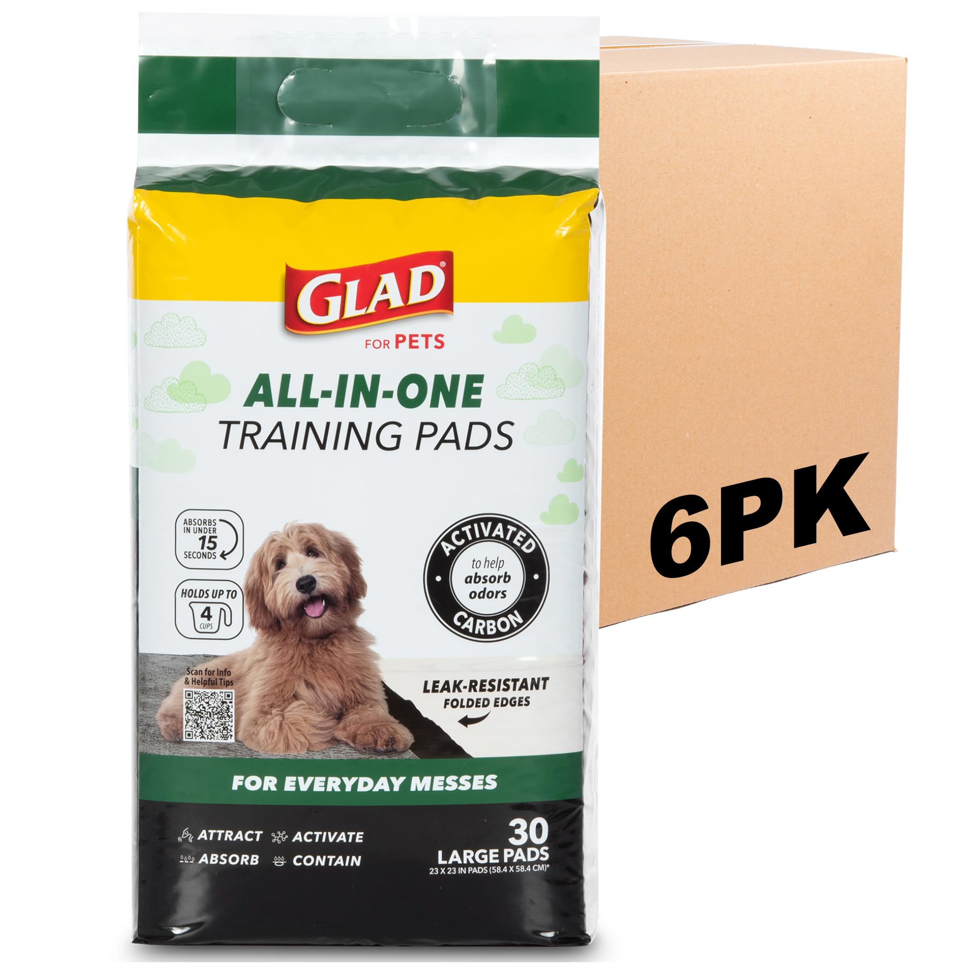 Glad for Pets Activated Carbon Disposable Dog Training Pads, 100 Count | Ideal for puppies, senior dogs, incontinence, and post-surgery, ultra-absorbent, keeps floors & crates dry, 23 x 23 in