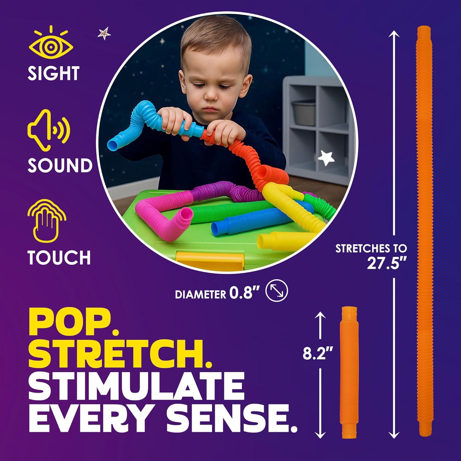 Nutty Toys Pop Tubes - Large 8-Pack Sensory Toys - Creative STEM Learning for Kids and Toddlers - Connect & Pop! Top ADHD Autism Fidget 2025, Best Boy & Girl Stocking Stuffers Gifts Idea