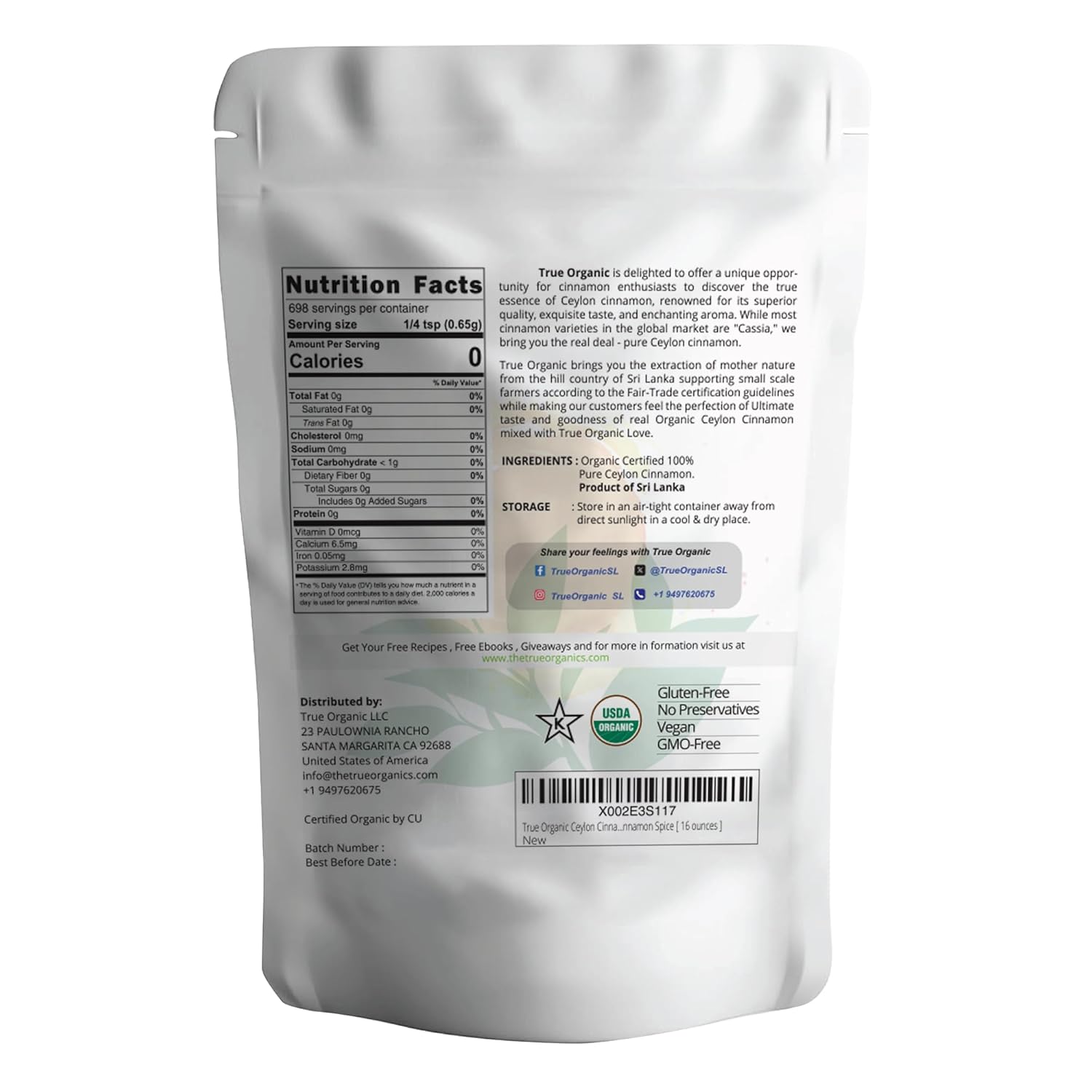 True Organic Pure Ceylon Cinnamon Powder, 1 lb, Premium Grade, Gluten Free, USDA & Kosher Certified, Organic Ground Cinnamon powder, Non-GMO, Ceylon Premium Quality