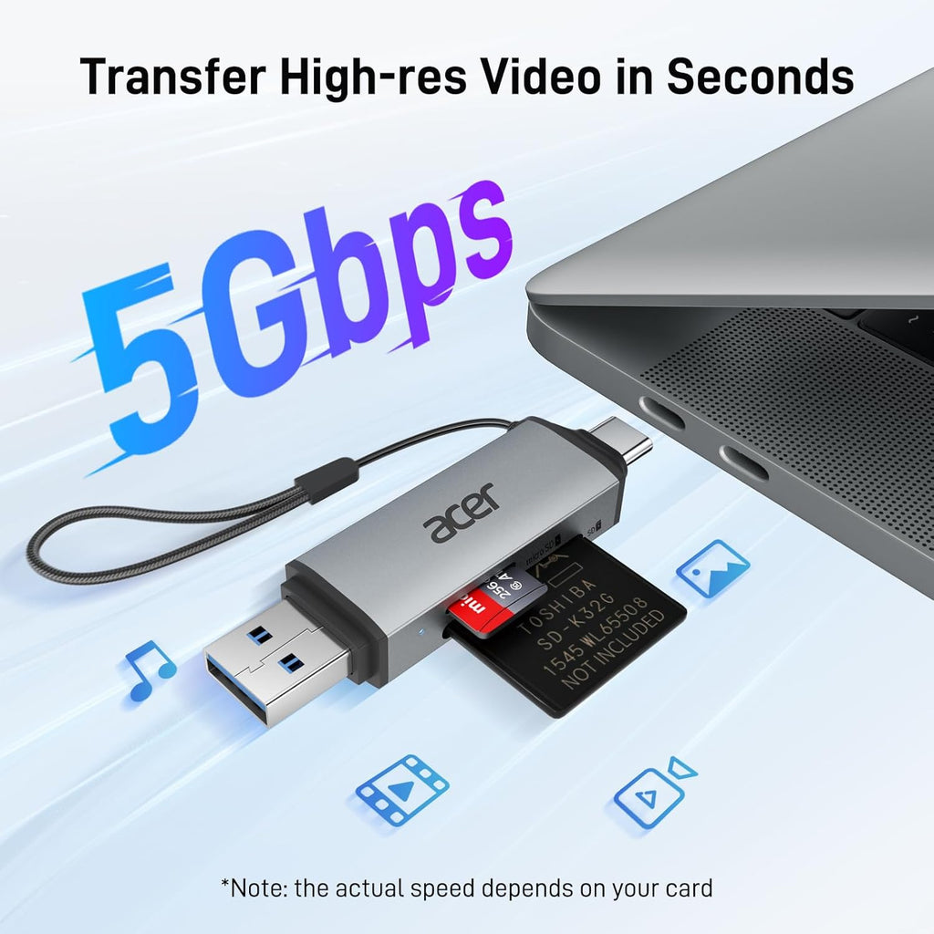 acer SD Card Reader USB C, Dual Slots USB 3.0 Type C to Micro SD Card Adapter, Memory Card Reader for MicroSD, SDHC, SDXC, Compatible with Laptop, PC, iPhone16/15, MacBook Pro/Air, iPad Pro, Android