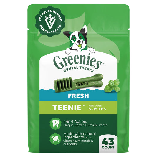 Greenies Dog Treats Veterinarian-Recommended Natural Dental Treats for Dogs, Teenie Size, Fresh Flavor, 12 oz. Pack, 43 Count