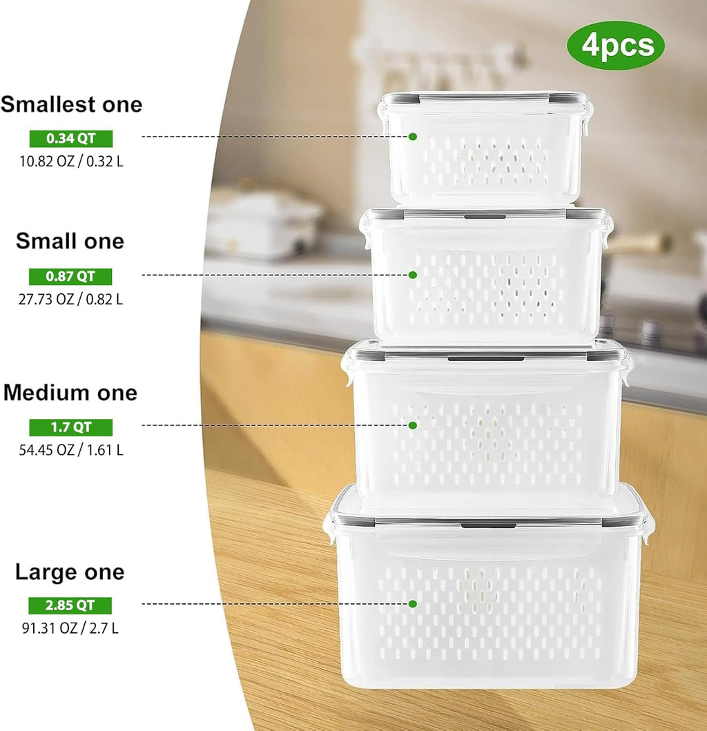 Freshmage Fruit Storage Containers for Fridge with Removable Colander, Airtight Food Storage Container, Dishwasher Safe Produce Saver for Refrigerator, Keep Berry Fruit Fresh Longer 4 pcs Small Clear