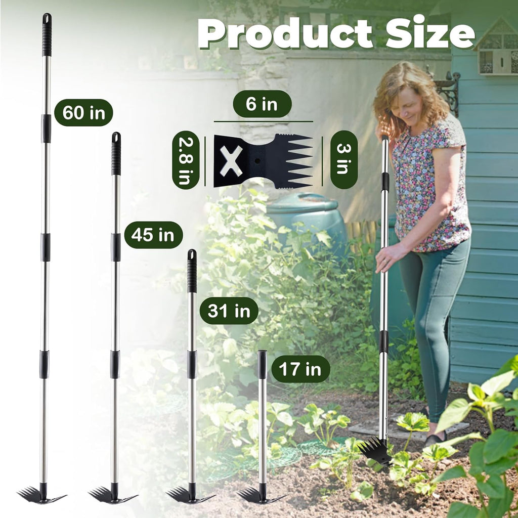 Weed Puller Tool with Long Handle - 60" Manual Weeder Remover Tool, 2 in 1 Hand Weed Rake and Garden Hoe for Gardening, Heavy Duty Uprooting Weeding Pull for Yard, Lawn, Patio and Garden