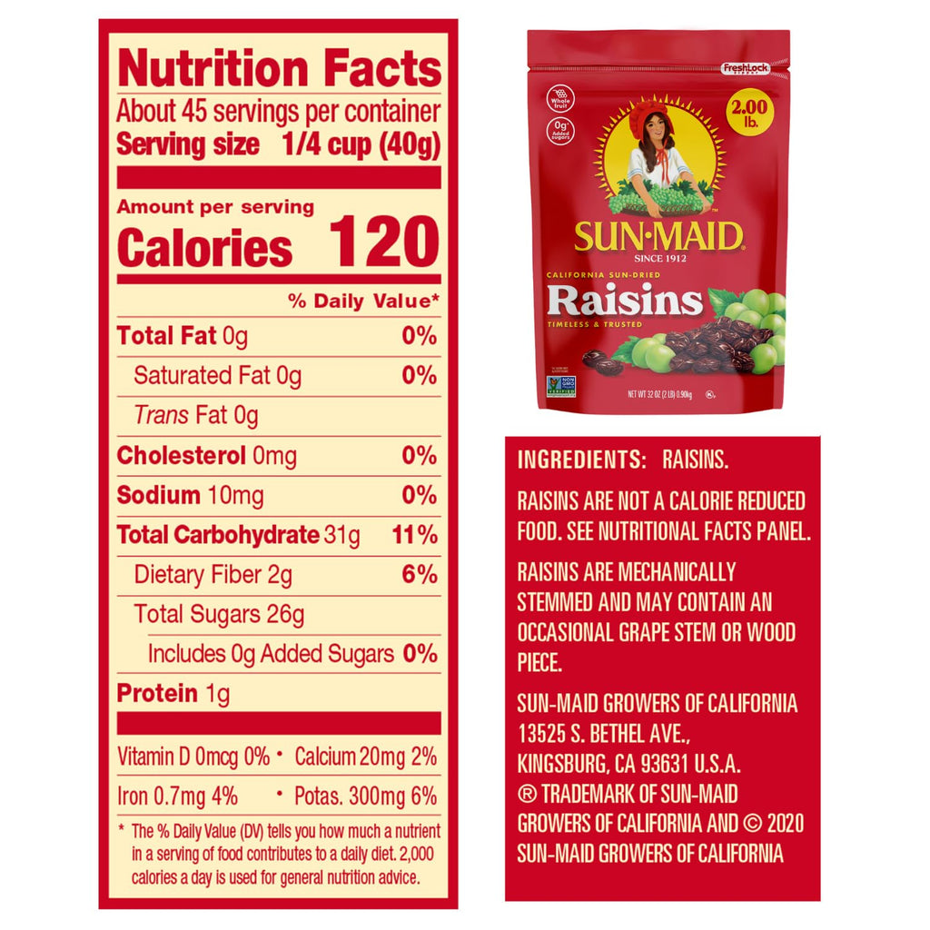 Sun-Maid California Sun-Dried Raisins - (2 Pack) 32 oz Resealable Bag - Dried Fruit Snack for Lunches, Snacks, and Natural Sweeteners