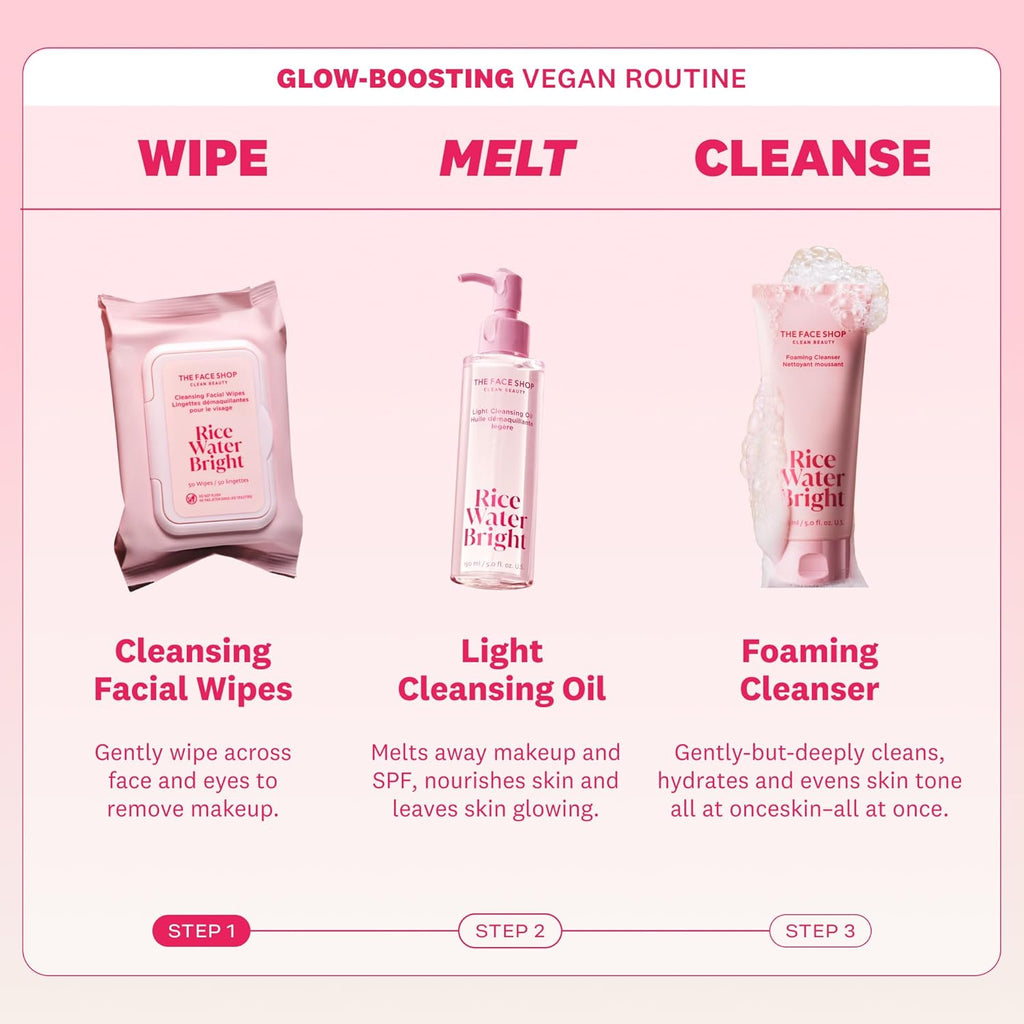 The Face Shop Rice Water Bright Makeup Remover Wipes for Face with Rice Extract, Brightening, Moisturizing, Infused with Cleansing Milk, Vegan Disposable Cleansing Facial Wipes, Korean Skin Care