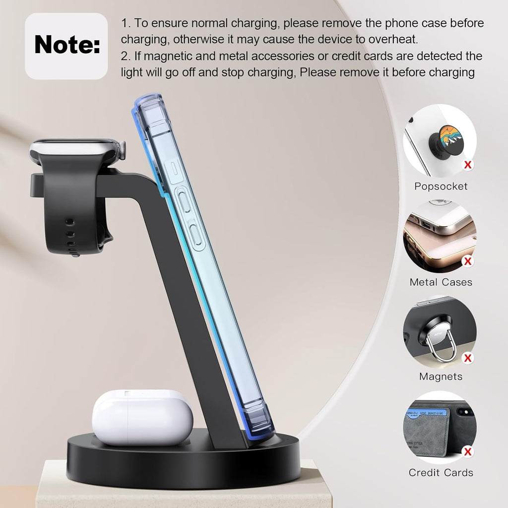 3 in 1 Charging Station for iPhone, Wireless Charger for iPhone 17 16e 16 15 14 13 12 11 X Pro Max & Apple Watch - Wireless Charging Station for AirPods 4 3 Pro