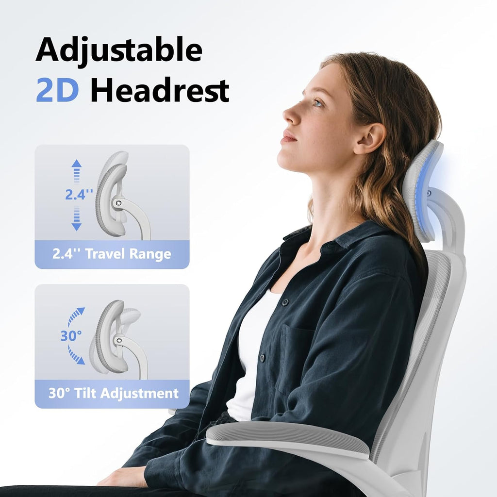 Ergonomic Office Chair M903, Computer Desk Chair with Wheels, High Back Mesh Office Chair with Adjustable Lumbar Support, Headrest, Flip-Up Armrests, Withe Grey