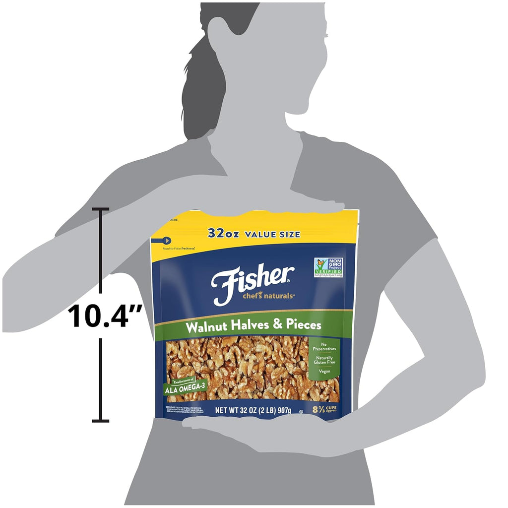 Fisher Chef's Naturals Walnut Halves & Pieces 2 lb, 100% California Unsalted Walnuts for Baking & Cooking, Healthy Snacks for Adults, Resealable Bag, Vegan Protein, Keto Snack, Chopped Nuts, Topping