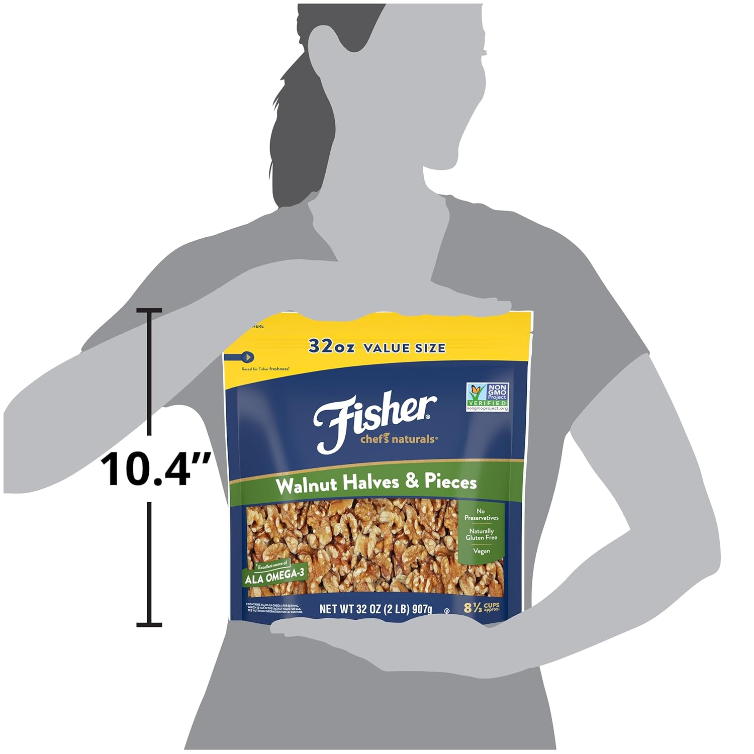 Fisher Chef's Naturals Walnut Halves & Pieces 2 lb, 100% California Unsalted Walnuts for Baking & Cooking, Healthy Snacks for Adults, Resealable Bag, Vegan Protein, Keto Snack, Chopped Nuts, Topping
