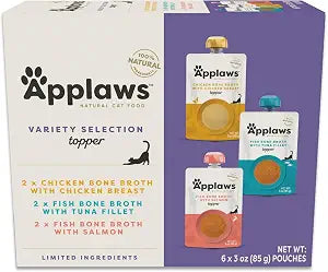 Applaws Bone Broth Fish & Chicken Variety 12-Pack Lickable Wet Cat Food Topper, High Protein, Limited Ingredient, Grain Free, No Artificial Additives (12 x 3 oz Resealable Spout Pouches)