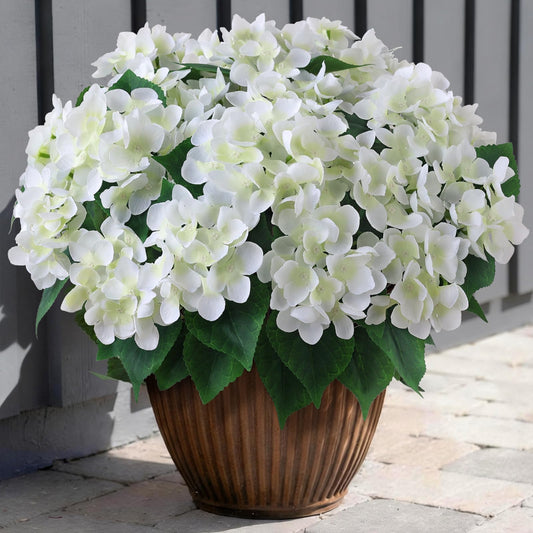 FOTEEWL 16 Bundles Artificial Hydrangea Flowers for Outdoor Decor, Realistic Faux Silk Bouquets Sun-Resistant Fake Plants for Front Door Balcony Farmhouse Garden Home Spring Summer Decor (White)