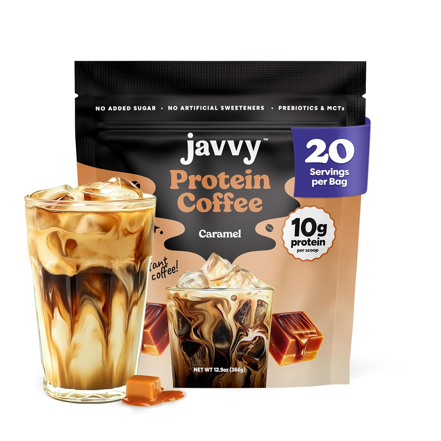 Caramel Protein Iced Coffee - Premium Whey Protein & Instant Iced Coffees - 100% Natural Cold Brew - Zero Artificial Flavors & Sweeteners, 80 mg Caffeine Per Serving, No Added Sugar, 20 Servings