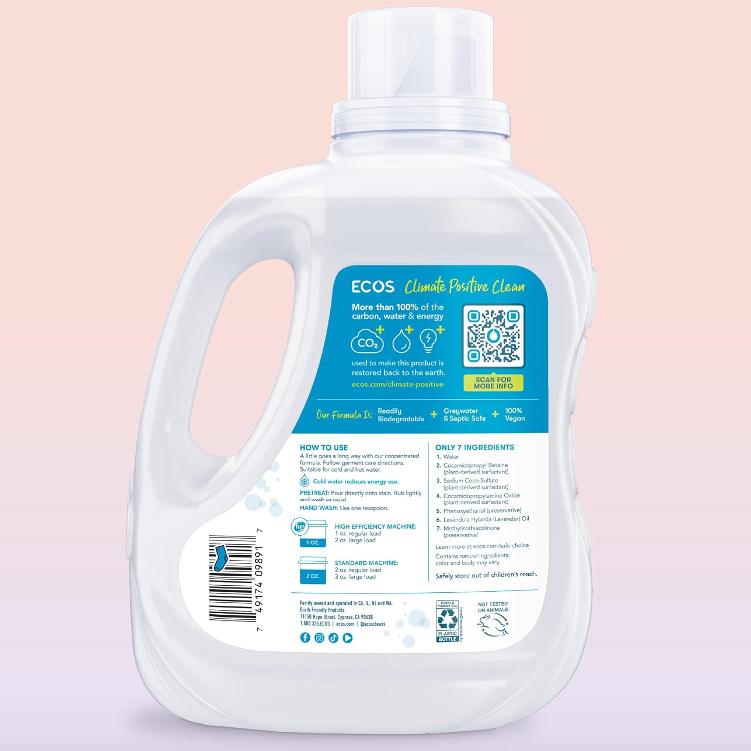 ECOS Laundry Detergent Liquid, 200 Loads - Dermatologist Tested Laundry Soap - Hypoallergenic, EPA Safer Choice Certified, Plant-Powered - Lavender, 100 Fl Oz (Pack of 2)