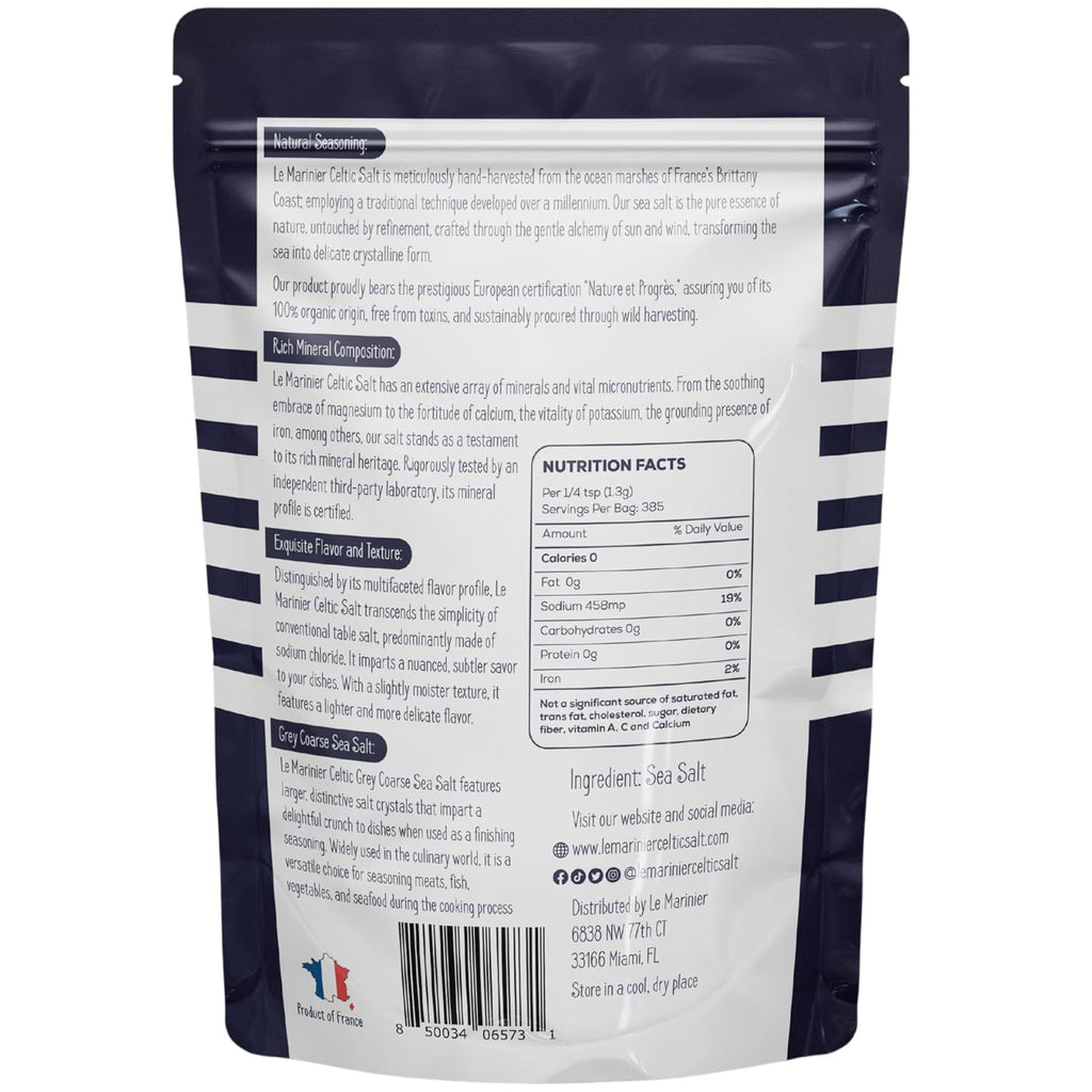 Le Marinier Celtic Salt Organic Grey Coarse, 1.1lb - 18oz. Mineral Rich 100% Natural and Unrefined French Sea Salt Organic. Hand Harvested Mineral Sea Salt, Sel Gris (1.1lb Grey Coarse)
