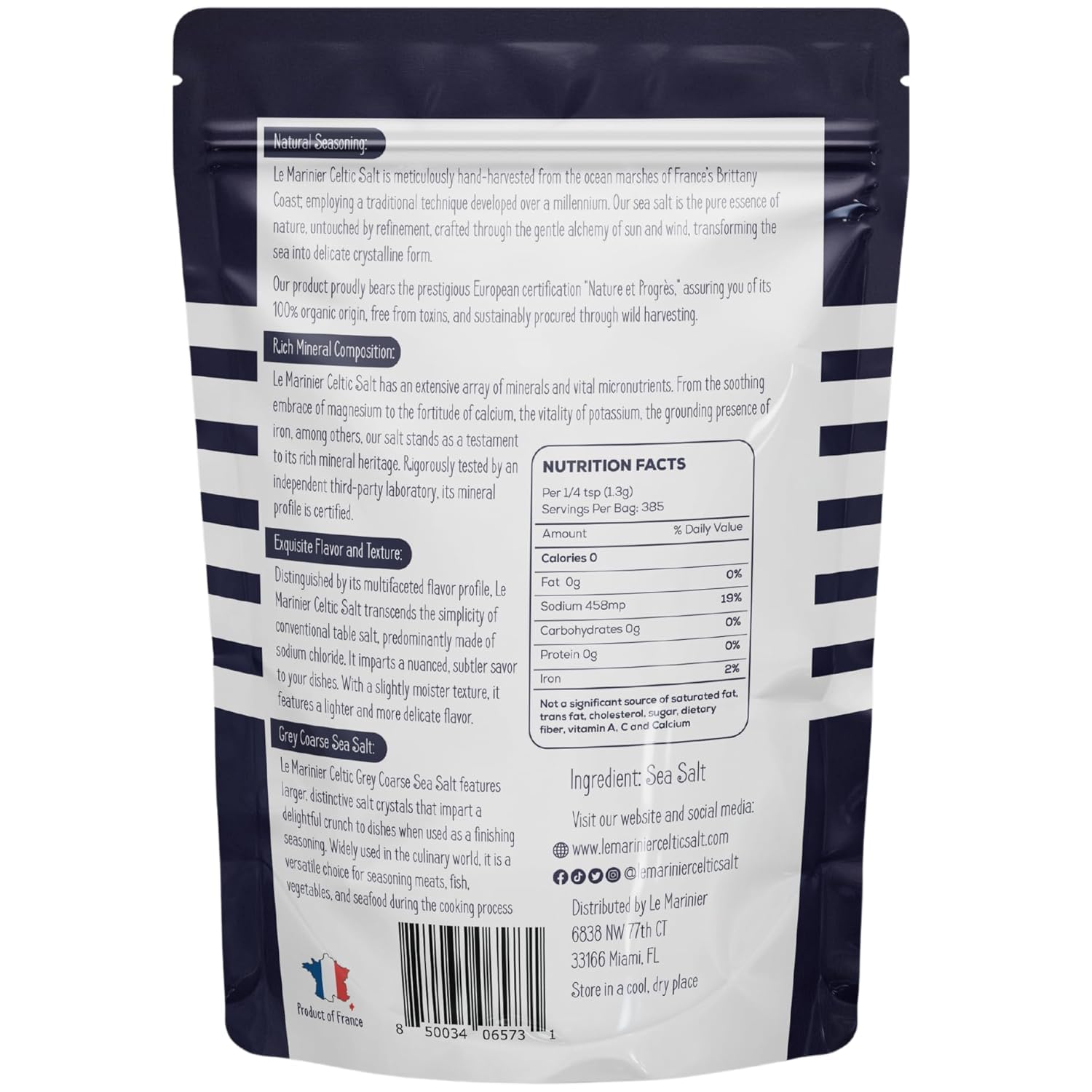 Le Marinier Celtic Salt Organic Grey Coarse, 1.1lb - 18oz. Mineral Rich 100% Natural and Unrefined French Sea Salt Organic. Hand Harvested Mineral Sea Salt, Sel Gris (1.1lb Grey Coarse)