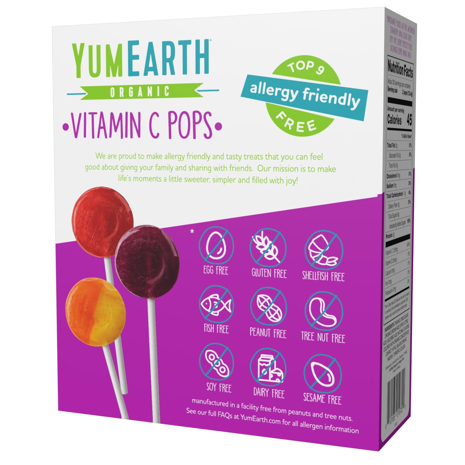 YumEarth Organic Vitamin C Pops Variety Pack, 60 Fruit Flavored Favorites Lollipops, Allergy Friendly, Gluten Free, Non-GMO, Vegan, No Artificial Dyes