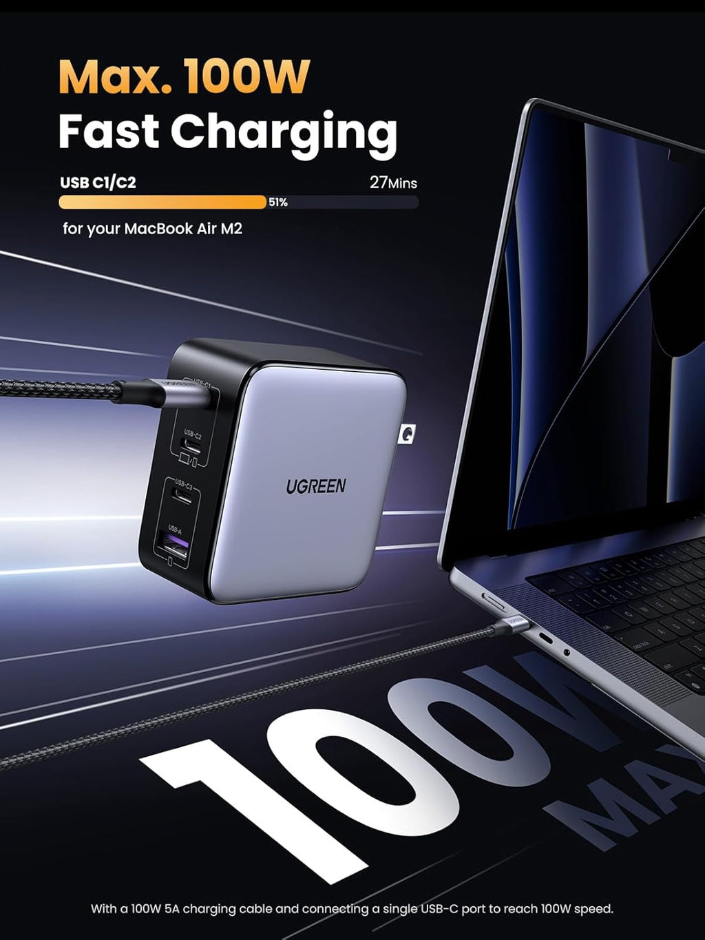 UGREEN Nexode 100W GaN USB C Charger, 4-Port Compact Foldable Fast Laptop Charger Power Adapter for MacBook Pro/Air, iPad Pro, iPhone 17/16/15 Series, Galaxy S25/S24, Pixel 10/9, Steam Deck, Pixelbook