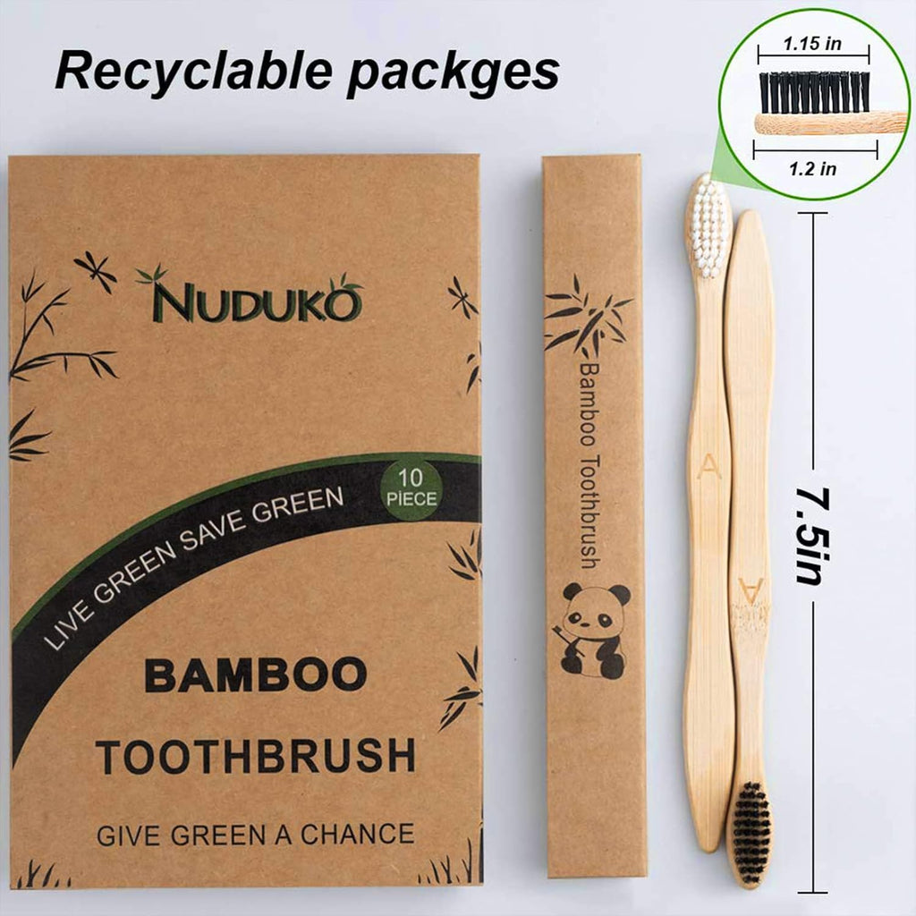 Bamboo Toothbrushes Biodegradable Toothbrush 10 Pack - Eco-Friendly, Natural Wooden Tooth Brush, BPA Free Travel Size Organic Soft Bristle Toothbrush, Soft Toothbrushes for Adults